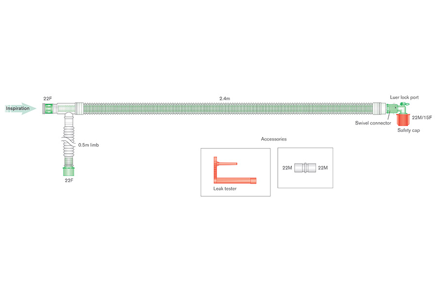 30mm UniFlow™ coaxial breathing system with luer elbow, ≥ 2.4m
