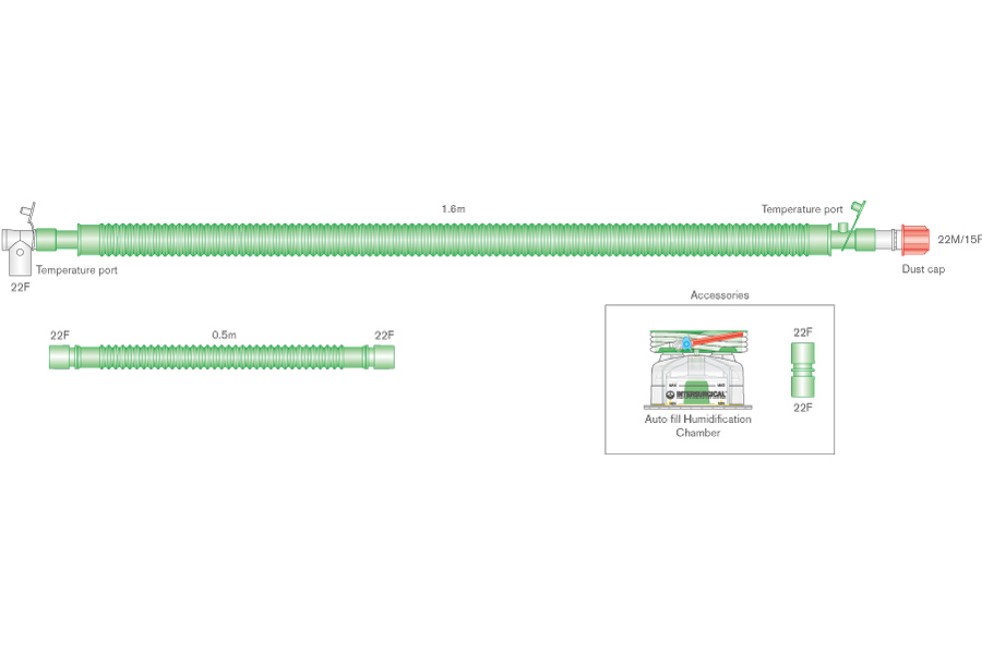 30mm Flextube bilevel heated wire breathing system with swivel patient connector, auto-fill chamber and extra limb. ≥ 1.6m