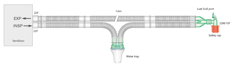22mm Flextube breathing system with luer elbow, and single water trap, ≥ 1.6m
